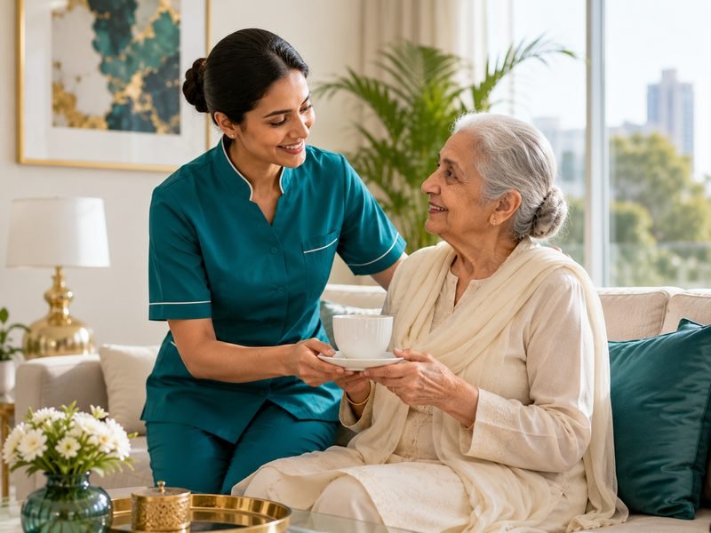 Caregiver gently assisting a smiling elderly person at home